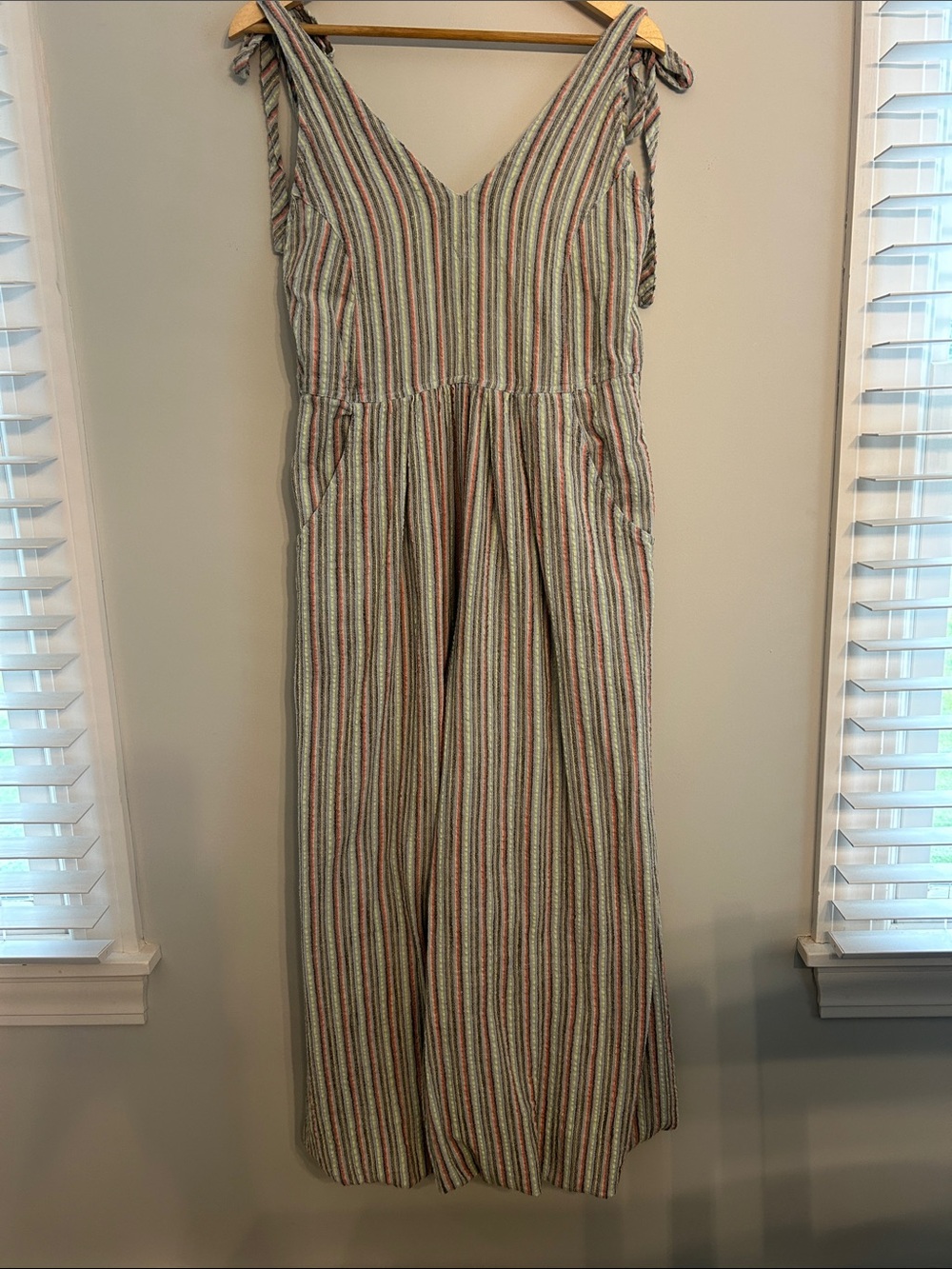 Free People Multi-Stripe Tie-Shoulder V-Neck Jumpsuit — Cream, Green, Pink